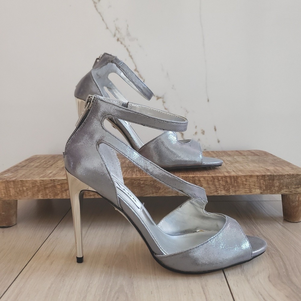 Nina McKenna Heels Womens 6 Silver Peep Toe Ankle Strap Wedding